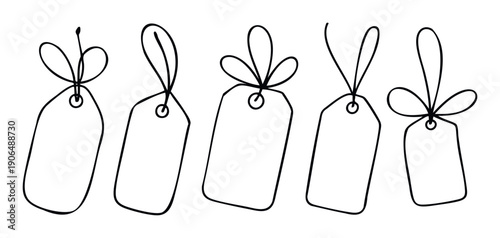 Collection of versatile blank hand drawn outline tags with delicate tied strings suitable for various purposes including gift wrapping holiday decoration and product labeling