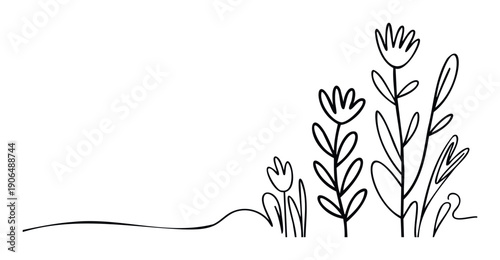 Simple hand drawn flowers growing from a continuous line across the ground, ideal for minimalist nature projects, childrens books, greeting cards, or decorative applications.