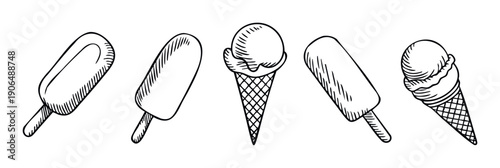Collection of hand drawn sketch style ice cream cones and popsicles perfect for summer menus, sweet treat packaging, and dessert related marketing materials.