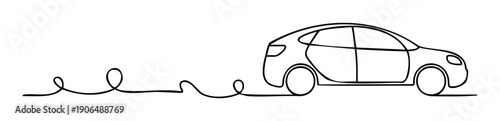 Continuous line drawing of a modern automotive vehicle traveling on an abstract winding road path, representing progress in sustainable transportation and future mobility concepts