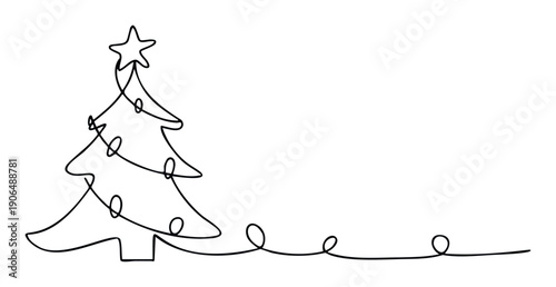 Simple single line drawing of a festive Christmas tree decorated with a star and lights, ideal for holiday season greetings and winter celebration graphic design projects.