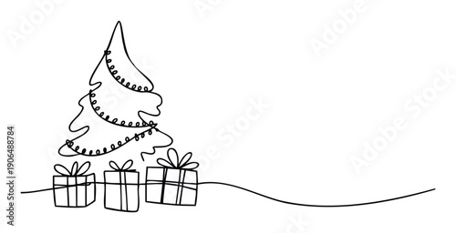 Elegant continuous single line drawing of a festive Christmas tree adorned with holiday gifts, perfect for seasonal greetings, winter celebrations, and giftgiving promotions.