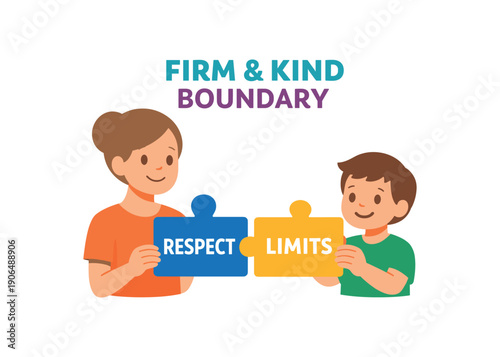 parent and child each holding puzzle piece that says respect and limits firm and kind boundary clean shapes. colored flat icon vector illustration