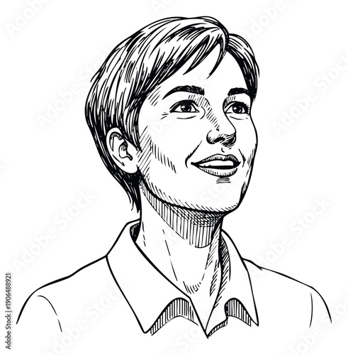 A confident and optimistic young adult woman with short hair and a collared shirt looks upward, reflecting ambition and success, perfect for corporate and motivational publications or