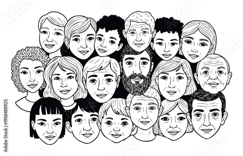 A heartwarming gathering of diverse smiling faces depicting a multicultural community with individuals of various ages and ethnicities, representing global population and social inclusion.