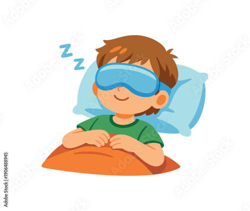 kid using soft eye pillow while lying down short sensory rest break clean shapes. colored flat icon vector illustration