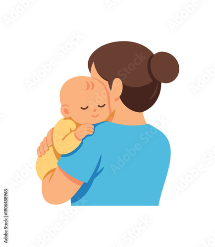 parent holding newborn upright against shoulder calm posture after feeding clean shapes. colored flat icon vector illustration