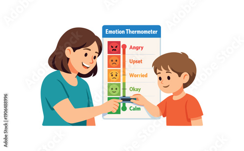 parent and child looking at emotion thermometer card moving slider down together emotion coaching clean shapes. colored flat icon vector illustration