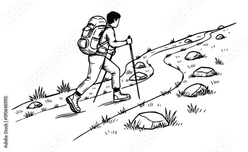 A lone hiker with a large backpack and trekking poles walks uphill along a winding mountain trail for active outdoor adventure and exploration travel themes.