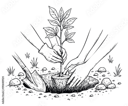 Hands planting a young tree seedling into the earth with a shovel nearby, perfect for illustrating environmental conservation, gardening, and community tree planting efforts for nature
