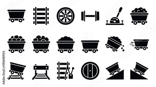 Essential mining and railway vector icons featuring various mine carts, track elements, wheels, and tools, ideal for illustrating industrial processes, transportation, and resource