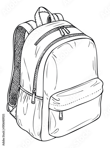 Detailed outline drawing of a classic school backpack with multiple compartments and sturdy straps, perfect for educational resources, apparel templates, or minimalist graphic designs.