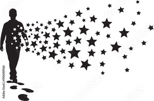 Silhouette of a man walking with stars trailing behind