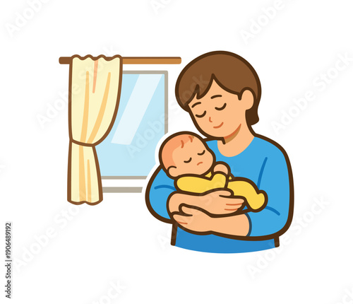 parent gently rocking baby arms near window with curtain drawn soft daylight comfort clean shapes. colored flat icon vector illustration