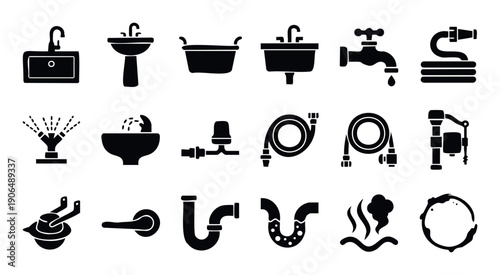 Comprehensive collection of plumbing and water system icons, featuring sinks, pipes, faucets, and drainage elements, perfect for illustrating home repair services and maintenance guides