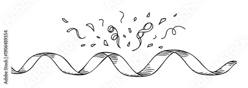 Sketch of a winding ribbon breaking open into a scattering of festive confetti and twisted ribbons, perfect for conveying excitement, celebration, or dynamic change in various projects.