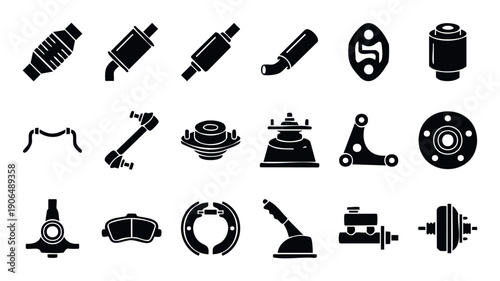 Comprehensive collection of automotive vehicle spare parts silhouettes for garage workshop service, auto repair information, and maintenance infographic presentations