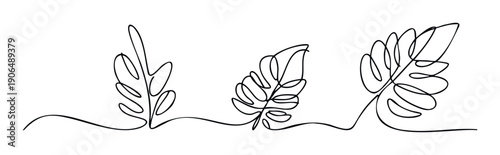 Continuous line drawing of botanical leaves creating a minimalist tropical flora motif perfect for natural branding, contemporary decor, and organic product packaging designs
