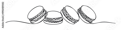 A captivating continuous line drawing of delicious French macarons arranged in a minimalist graphic style, perfect for elegant bakery branding, restaurant menus, or sweet treat marketing