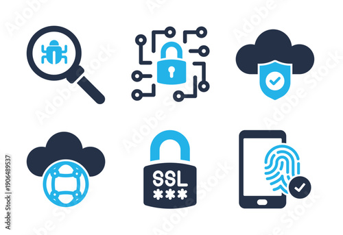 Cybersecurity, SSL, and Fingerprint Authentication icon set. Solid glyph series icons