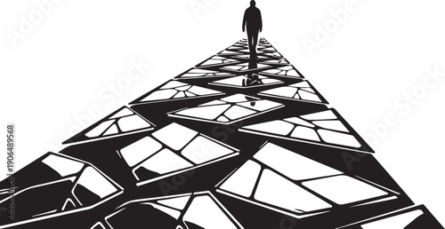Man walking on broken glass pathway to success alone