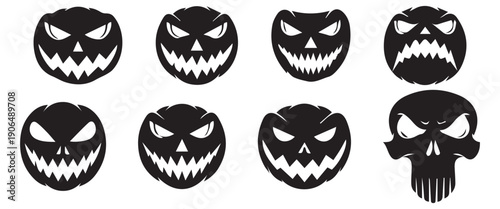 Scary Halloween Pumpkin Faces Icon Set – Black Jack O’ Lantern Monster and Skull Expressions Vector Illustration