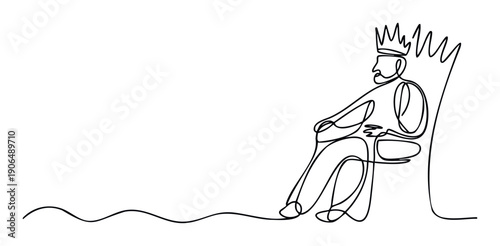 Minimalist continuous line drawing of a regal king on his throne, symbolizing power, authority, and leadership, perfect for corporate presentations or abstract historical concepts.
