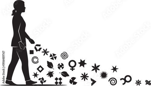 Silhouette of woman with symbols and shapes flowing behind