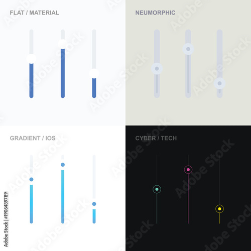 Vertical Control Slider Icon Set with Different Aesthetic Themes Including Flat Neumorphic Gradient and Cyber Tech Dark Mode