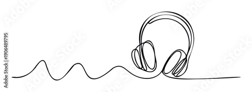 Continuous line drawing of headphones connected by an audio wave, suitable for musicrelated branding, streaming service promotions, or sound technology presentations