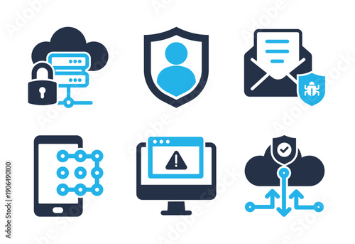 Cloud Server Protection and Threat Detection icon set. Solid glyph series icons