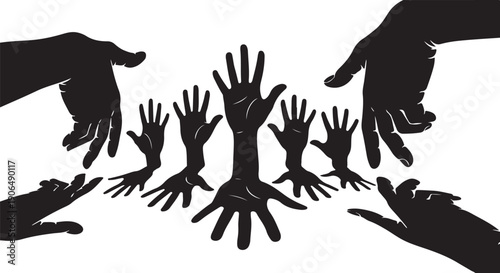 Many hands reaching up together in unity and support