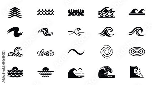 A diverse collection of ocean and water wave symbols offers versatile graphic resources for aquatic themes, environmental projects, and branding needs.