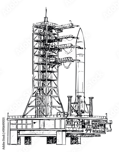 Detailed technical blueprint drawing of a space rocket on a launchpad with an intricate gantry structure, ideal for science, engineering, and aerospace educational content.