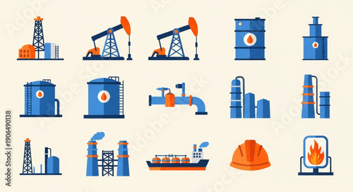 Collection of oil and gas industry icons and illustrations.
