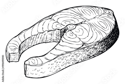 Black and white outline of a premium salmon fish steak, ideal for culinary publications, nutritional content, and seafood packaging graphics