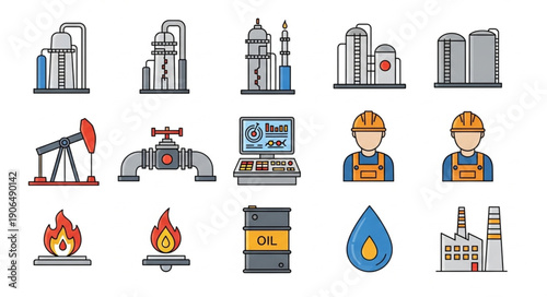 Collection of oil and gas industry icons and illustrations.