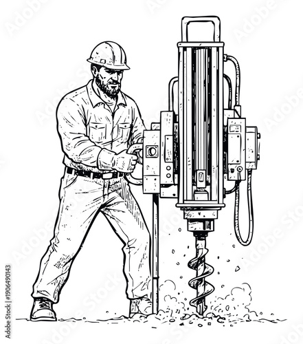Skilled construction worker in protective hard hat operating a heavyduty ground drilling machine, efficiently creating a deep hole with flying debris for industrial work and engineering