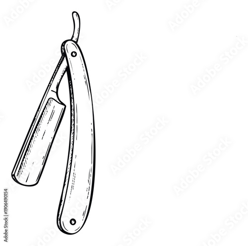 Hand drawn vintage style straight razor shaving instrument representing classic barbering techniques and timeless male elegance, suitable for old fashioned hygiene product branding, salon
