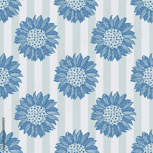 Beautiful blue sunflower line art seamless pattern.Abstract surface texture background.Nature botanical nordic folk illustration.Vintage design for fabric,summer, spring,autumn seasonal.Hand drawn.
