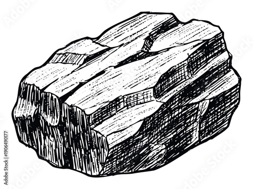 Rough stone or rock fragment rendered in a textured engraving style, ideal for illustrating concepts related to geology, construction, excavation, and natural resources.