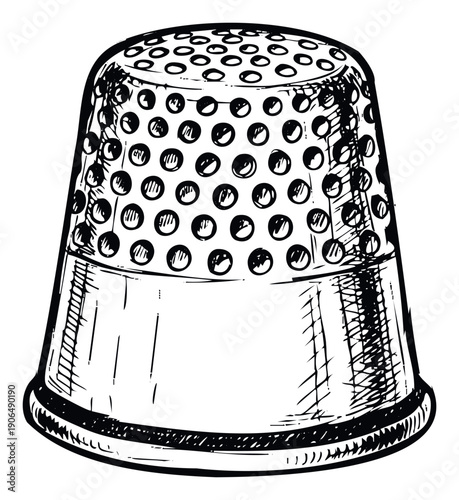Handdrawn sketch of a classic metal sewing thimble, perfect graphic resource for textile crafting projects, needlework tutorials, and hobby supply advertisements