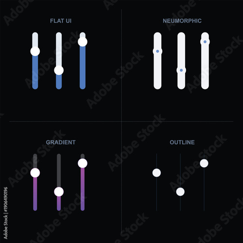 Vertical Adjustment Sliders in Dark Theme with Flat Neumorphic Gradient and Outline Design Options for High End Dashboards