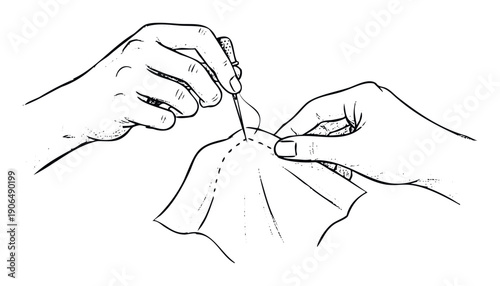 A persons hands wearing a thimble are carefully performing a precise sewing task, guiding a needle and thread through fabric to create stitches, ideal for crafting instructions and repair