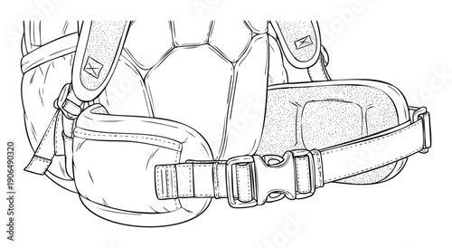 Closeup of a durable tactical backpacks ergonomic back padding, adjustable shoulder strap, and robust hip belt with a secure buckle, ideal for outdoor adventure and heavyduty gear displays