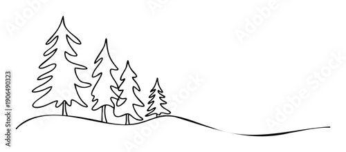 Simple continuous line drawing depicting a group of evergreen pine trees on rolling hills, perfect for winter holiday greeting cards, festive event invitations, or minimalist nature themed
