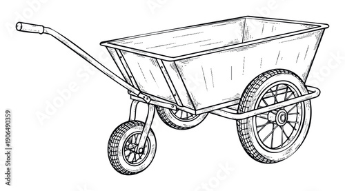 Hand drawn wheelbarrow graphic in a vintage style, an essential visual element for illustrating gardening tasks, farm operations, or construction projects.