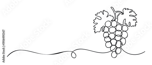 Elegant continuous line drawing of grape bunch with vine leaves, perfect for wine industry branding, food packaging, or minimalist decor.