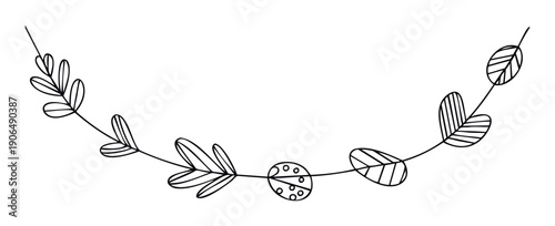 Decorative black outline drawing of a whimsical botanical garland with stylized leaves and dotted berries forming a cute curved border, ideal for invitations, stationery, or simple graphics.