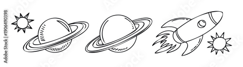 Simple hand drawn space elements featuring a sun, ringed planets, and a rocket, perfect for childrens books, educational materials, or scifi themed projects